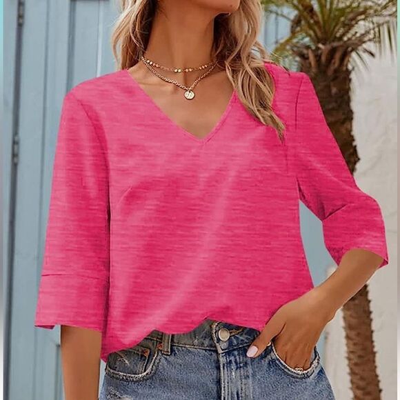 Half Sleeve V-Neck T-Shirt Loose Basic top Solid Pink Women's Large - Picture 5 of 8